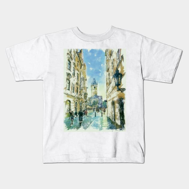 Side View of the Old Town City Hall Prague Watercolor Streetscape Kids T-Shirt by Marian Voicu